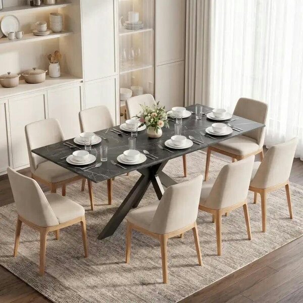 Extendable Dining Table Steel Cross Legs Steel Rails Space Saving Black - Black Marble Effect