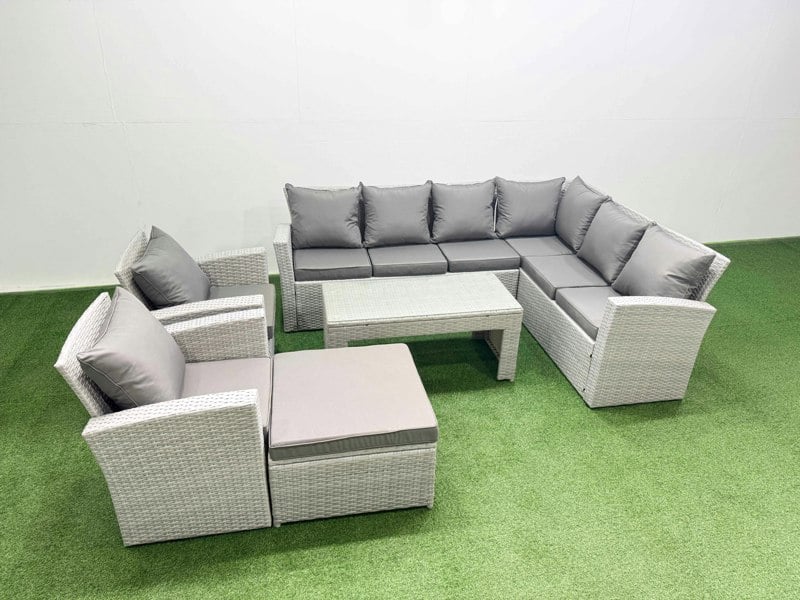 Fimous Rattan Garden Furniture Set 6 Pieces Outdoor Garden Sofa Oblong Coffee Table Set with 2 Chairs Big Footstool Light Grey Mixed