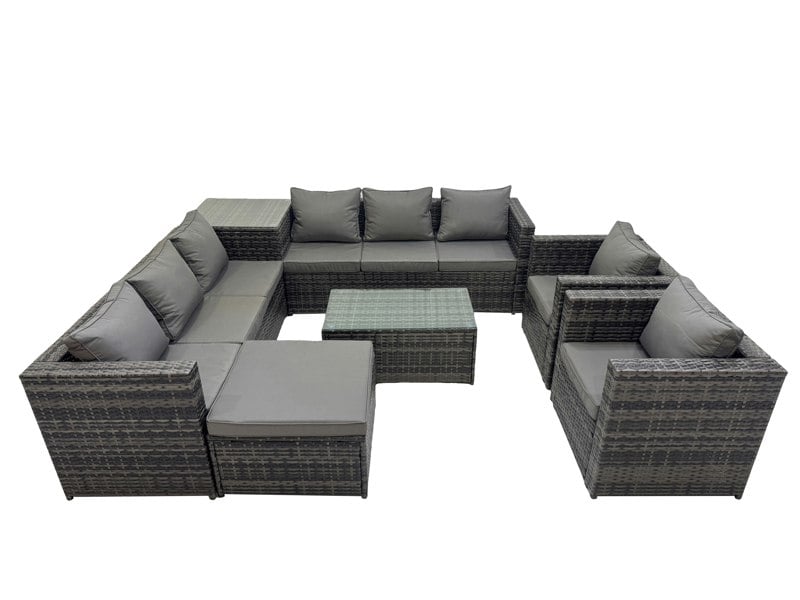 Fimous 9 Seater Garden Outdoor Rattan Furniture Set Patio Corner Sofa Rectangular Coffee Table with Big Stool Side Table Dark Grey