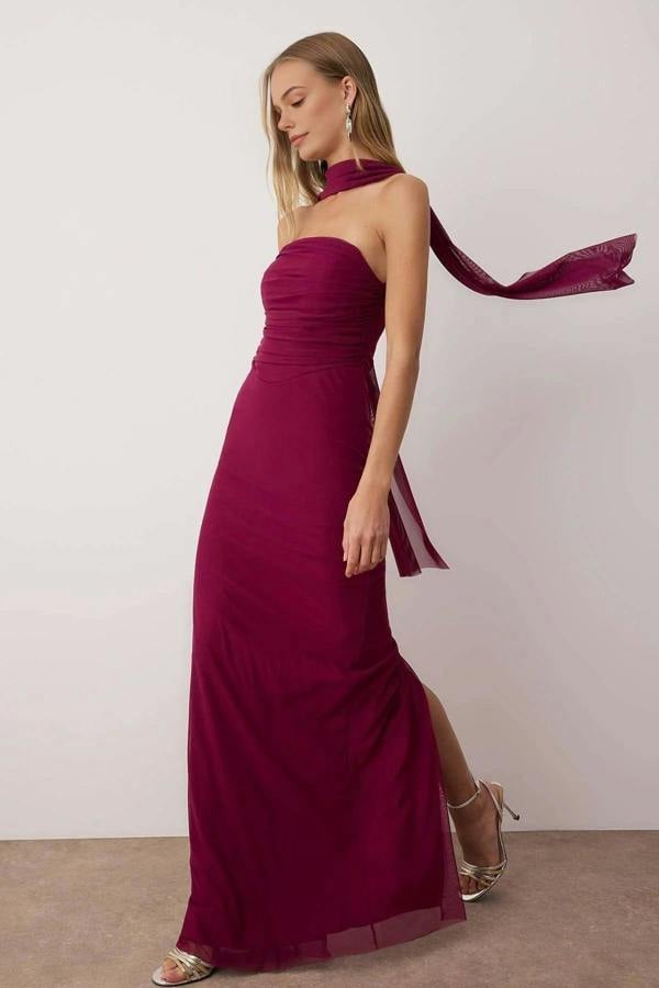 WOVCOR Tulle Knit Maxi Evening Dress with Shawl Detail