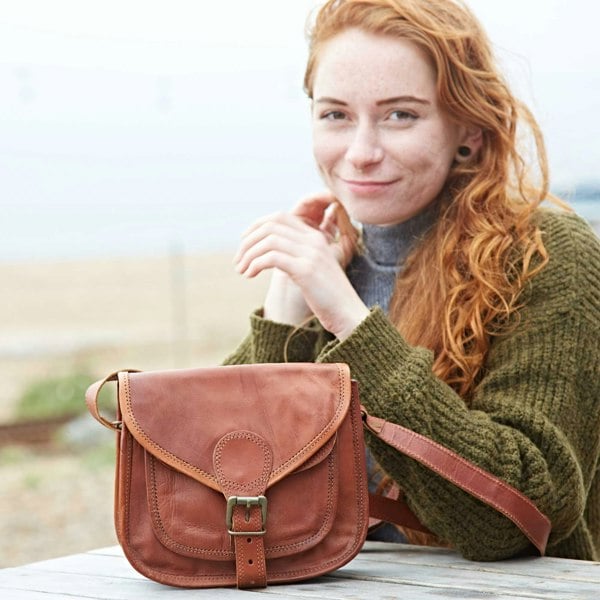 Paper High Brown Leather Curved Saddle Bag