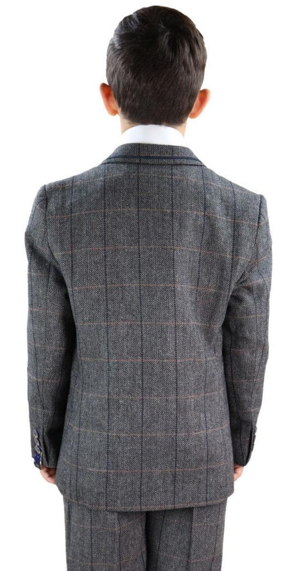 House of Cavani Boys 3 Piece Charcoal Grey Herringbone Tweed Check Classic  Suit