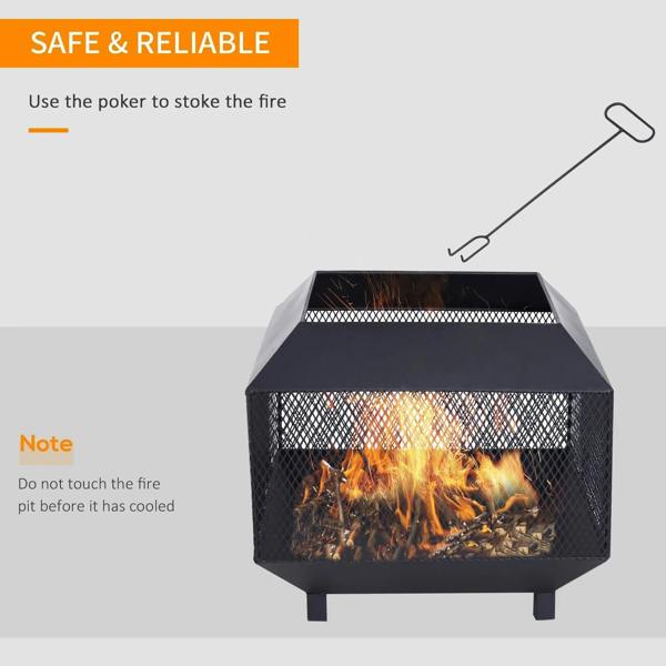 Black square fire pit with lid and poker tool, flames visible inside