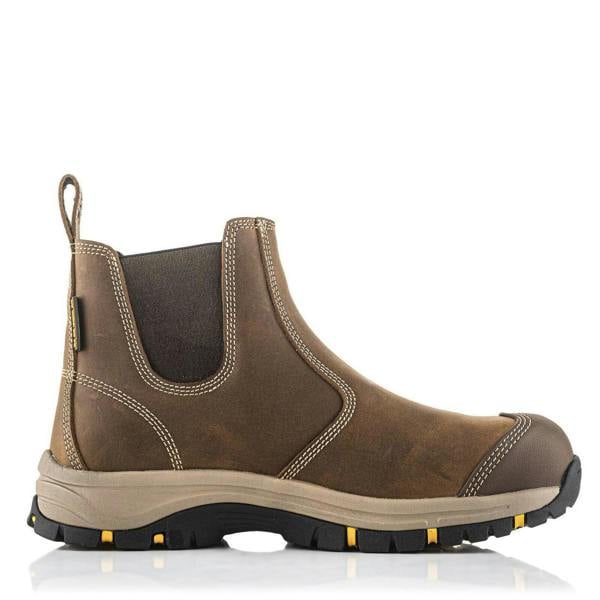 Buckbootz WIZD2 Mens Pull On S7S Dealer Chelsea Safety Ankle Boots, rugged brown leather work boots with slip-on design and durable tread sole.