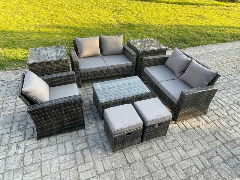 Fimous 7-Seater Rattan Garden Lounge Set - Dark Grey Mixed Patio Outdoor Sofa & Chair Set with Rectangular Coffee Table & 2 Small Footstools
