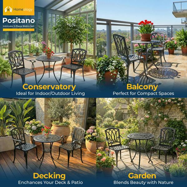 Homeology POSITANO Garden and Patio Table and 2 Large Chairs with Armrests Cast Aluminium Bistro Set - Black