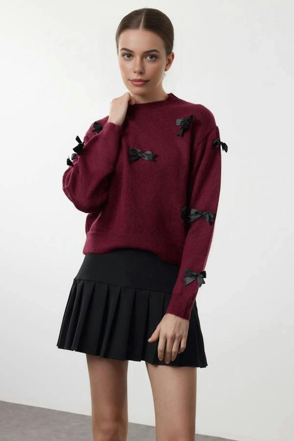 WOVCOR Soft Textured Knit Sweater with Bow Detail