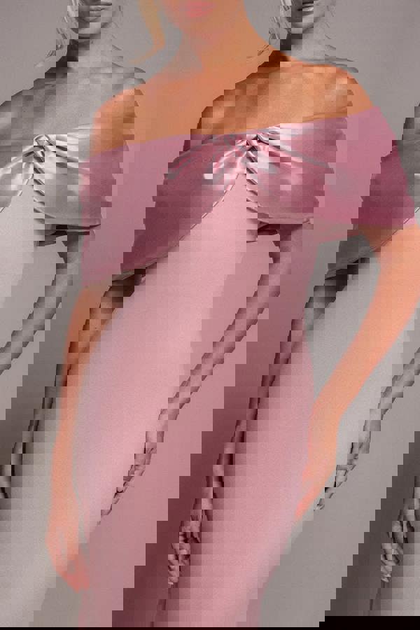 Twist Knot Satin & Scuba Bardot Maxi Dress - Blush Pink DR4575
