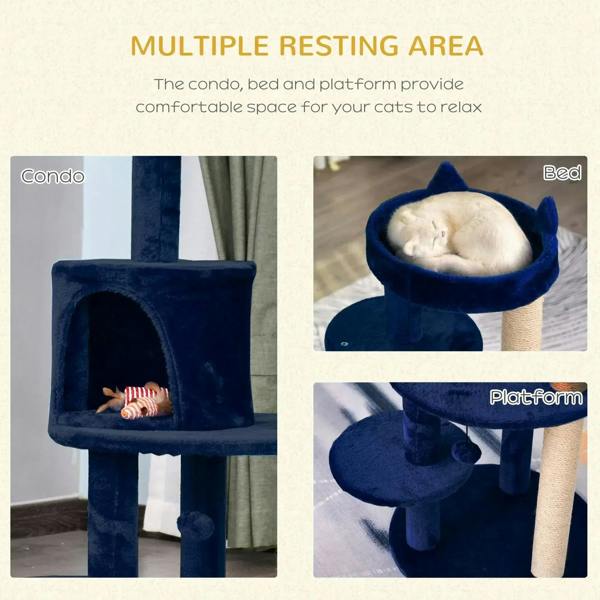 Blue plush cat tree with cube condo, bed-style perch, and round platforms