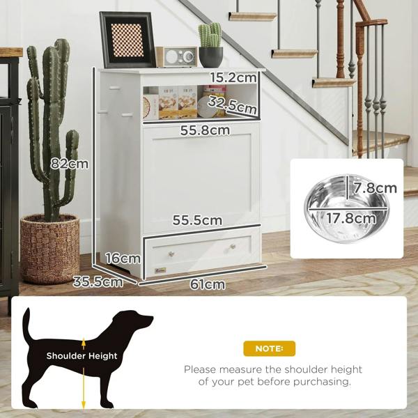 White elevated pet feeder cabinet with raised bowl platform and storage doors.