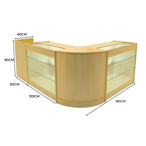 Maple Aries LED Shop Counter Set featuring a sleek, modern design with glass display shelves and a curved shape, ideal for retail spaces