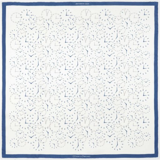 Otway & Orford 'Chronos' watch design silk pocket square in white with blue & grey (42 x 42cm)