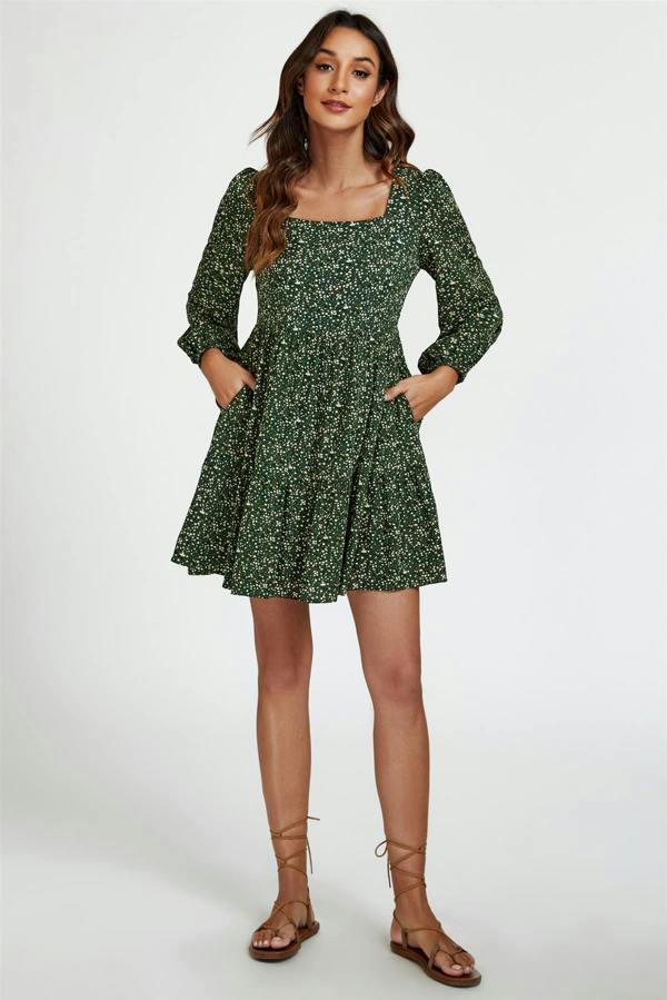 FS Collection Little Floral Print Square Neck Mini Dress In Olive Green