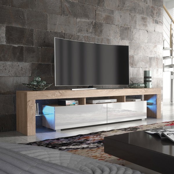 Mex Furniture Sleek 200cm Modern TV Unit  Cabinet Stand Oak High Gloss White Doors & Free LED Lights