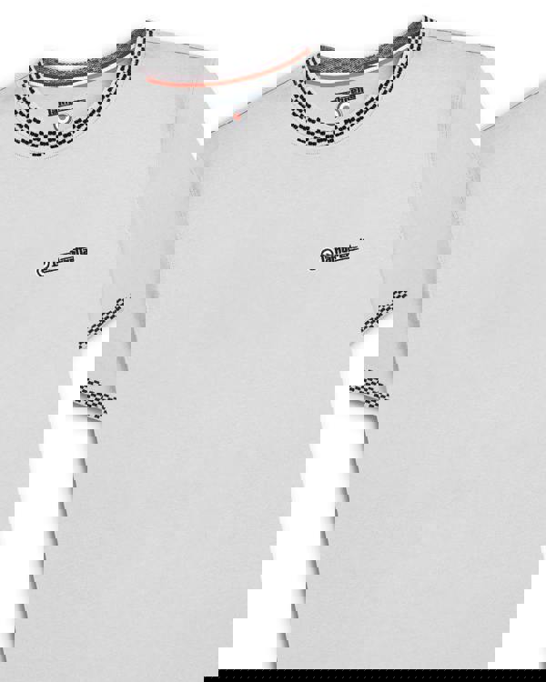 Lambretta Mens Classic Two Tone Ringer Retro Casual T-Shirt, white t-shirt with black checkered trim on collar and sleeves, Lambretta logo on chest.