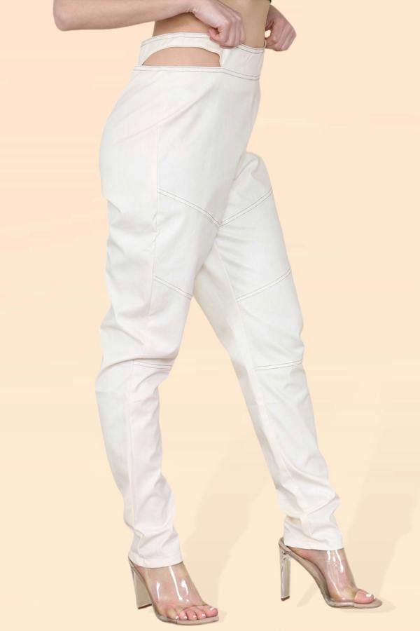 Women's Cut Out High Waist PU Biker Trousers - Sexy Leather Look Rider Pants with Elastic Waist, Modern Classic Vintage Streetwear - Elaina Fashion