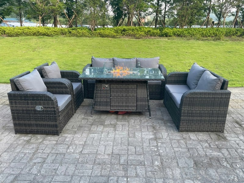 Fimous Dark Mixed Grey Rattan Outdoor Garden Furniture Gas Fire Pit Table Sets Gas Heater Lounge Love Sofa Reclining Chairs 7 Seater