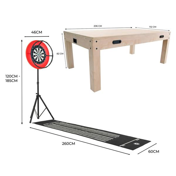 7-In-1 oak games table with a sleek design, dimensions displayed, alongside a dartboard on a stand and a protective mat