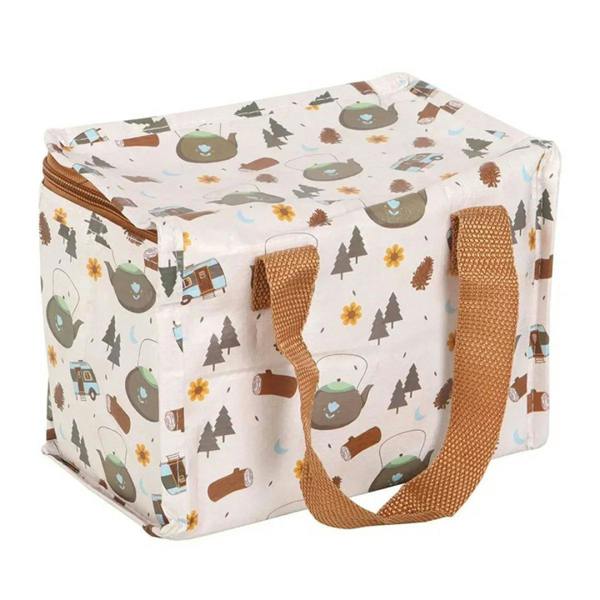 Camping print insulated lunch bag with tan webbing carry handle and zip closure