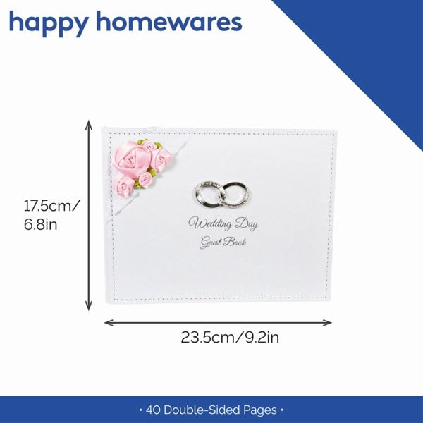Modern Wedding Day Guest Book with Pink Faux-Silk Roses and Silver Double Rings Image 6