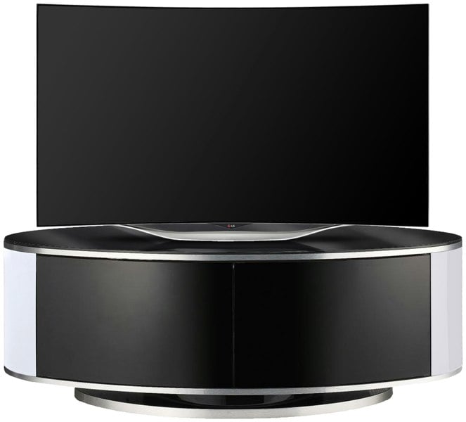 MDA Designs LUNA Gloss Black Oval Cabinet with White Profiles and Black BeamThru Glass Doors Suitable for Flat Screen TVs up to 50"