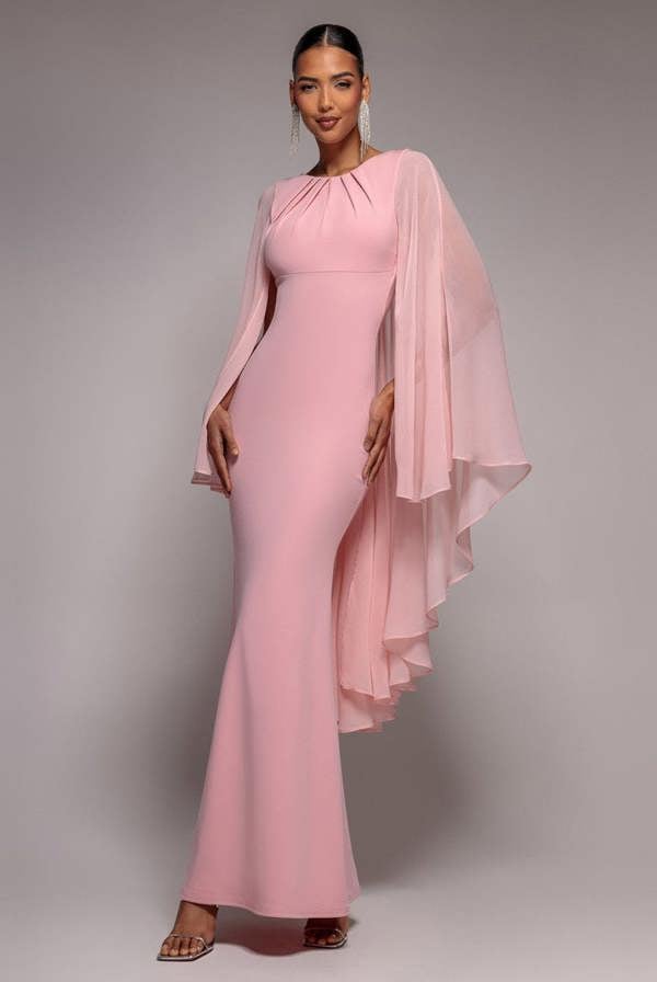 Cape Sleeve Chiffon And Scuba Crepe Maxi Dress - Blush Pink DR4900