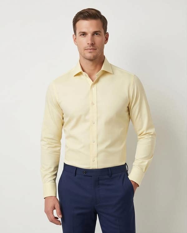Man wearing a light yellow dress shirt and navy pants against a plain background