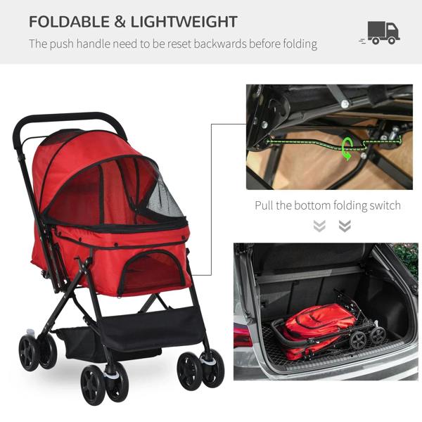 Red foldable pet stroller with black frame and basket; side view with folding details.