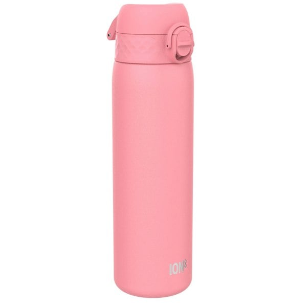 A pink ION8 water bottle stands against a white background. The bottle is cylindrical with a flip-top lid.