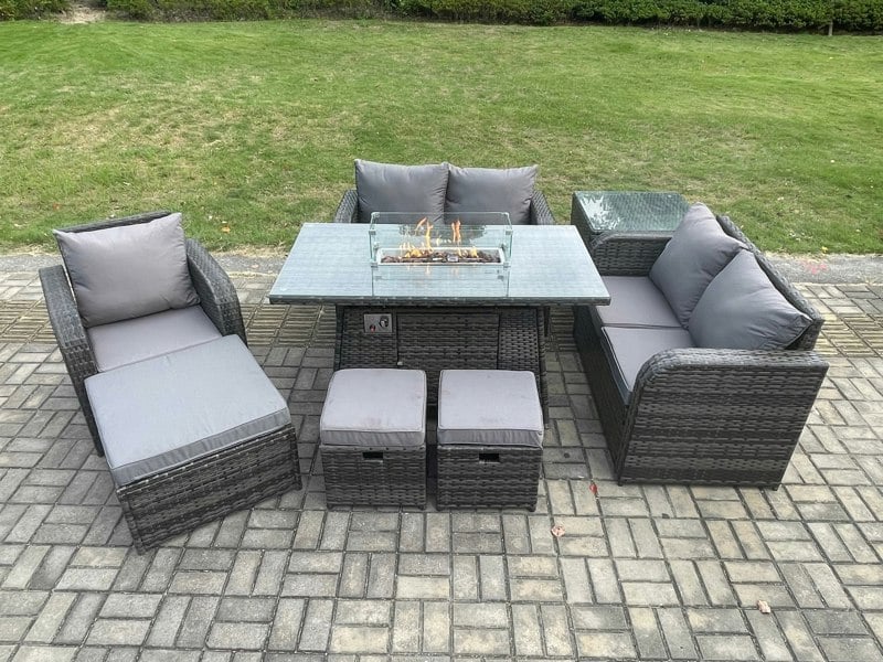 Fimous Outdoor Sofa Rattan Garden Furniture Set Patio Gas Fire Pit Dining Table and Reclining Chair set with Side Table 3 Footstools Dark Grey Mixed