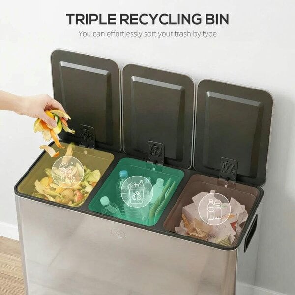 3 x 20L Pedal Bin, Steel Triple Kitchen Bin with Soft Close Lid, Removable Inner Buckets, Fingerprint-Proof, Silver Tone