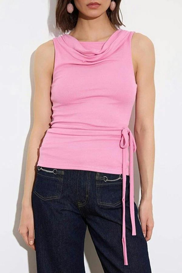 Fitted Degaje Neck Ruffle Detail Soft Knit Blouse