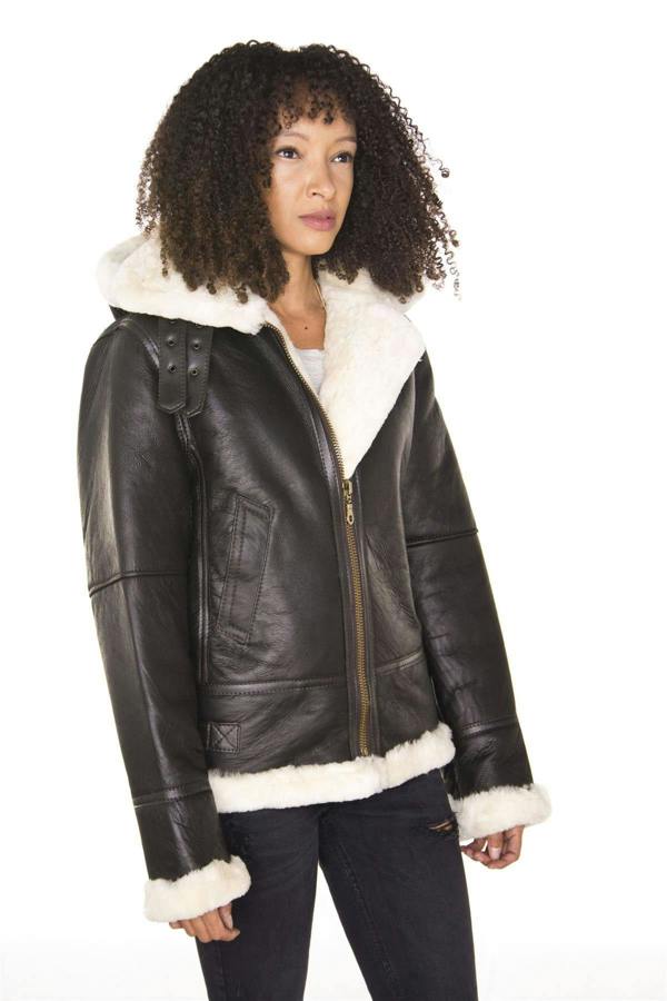 Infinity Leather Womens Hooded Sheepskin Flying Leather Jacket-Orford