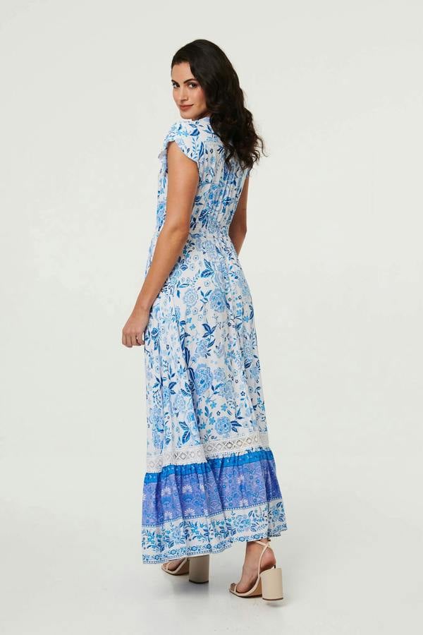 Blue | Floral Border Cap Sleeve Maxi Dress

