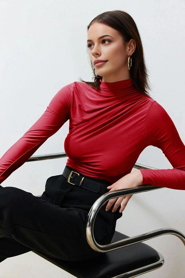 WOVCOR Draped High Neck Long Sleeve Blouse