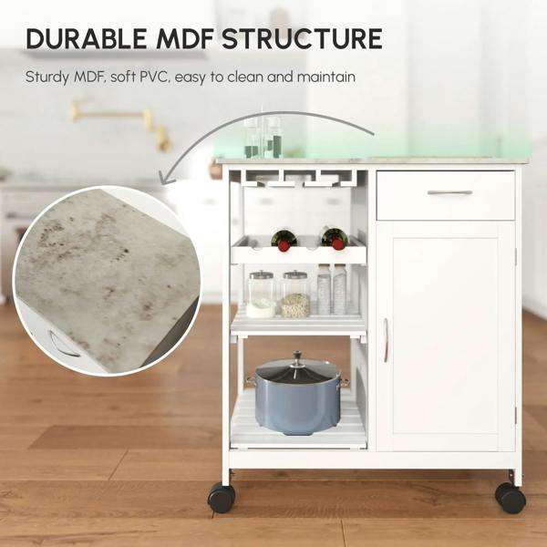 White kitchen utility trolley cart with gray top, cabinet storage, and open shelf compartments