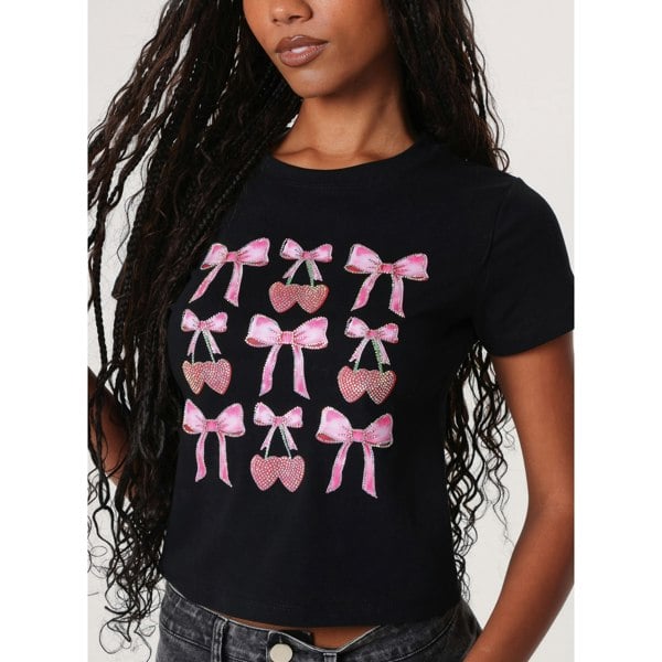 Pink Vanilla Diamante Bow T-shirt - Black