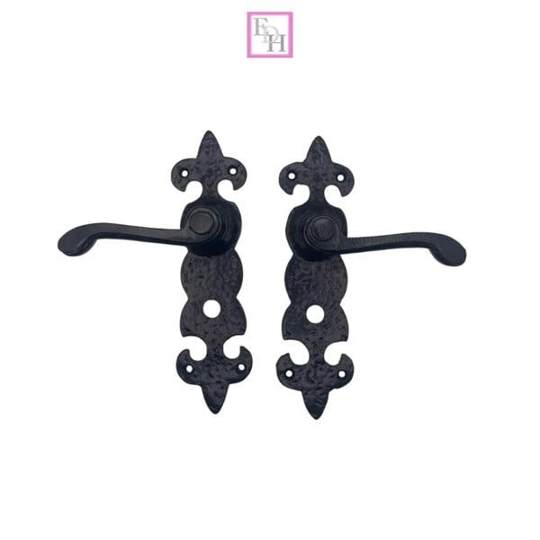 EDH Door Hardware Black Cast Iron Fleur-de-Lys Bathroom Door Handles – Antique Privacy Lever Set