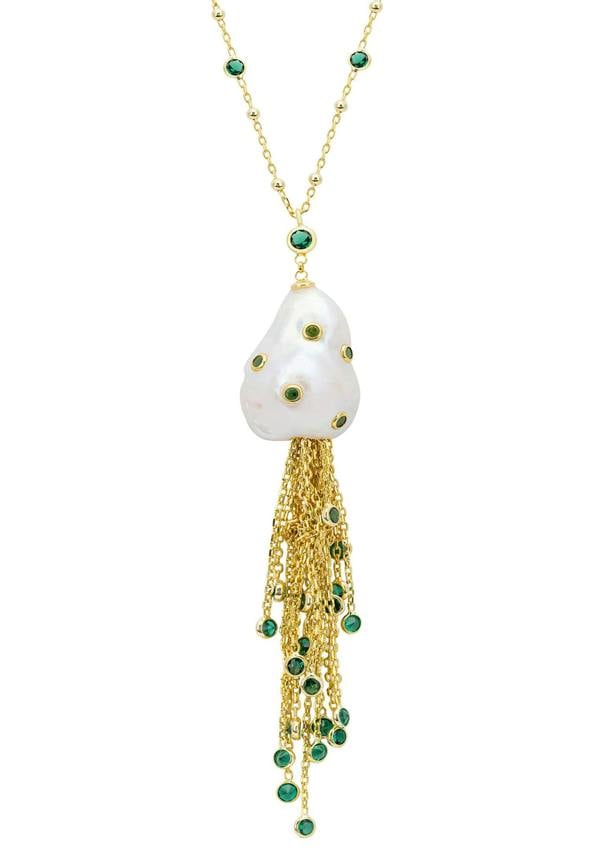 Latelita Polka Dot Baroque Pearl Tassel Necklace Gold Emerald