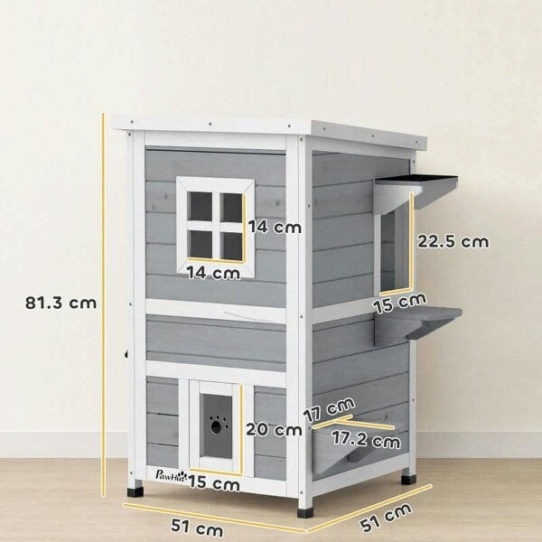 Wooden Cat House 2-Floor Outdoor Kitten Shelter with 3 Doors and Window Grey