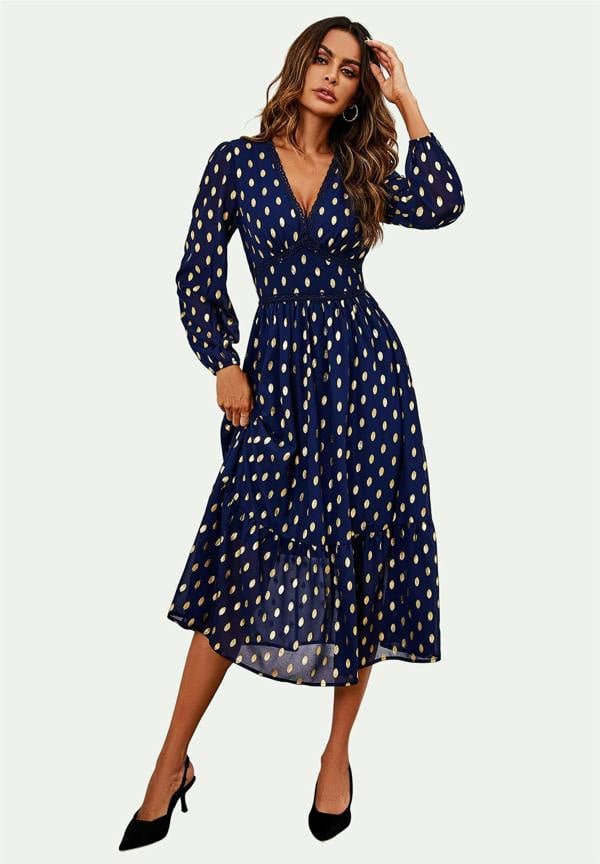 FS Collection Lace Trim Foil Long Sleeve Maxi Dress In Navy