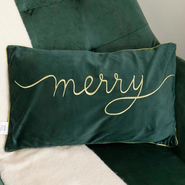 Samuel Alexander 49cm Dark Green Christmas Decorative Merry Cushion with Gold Detail