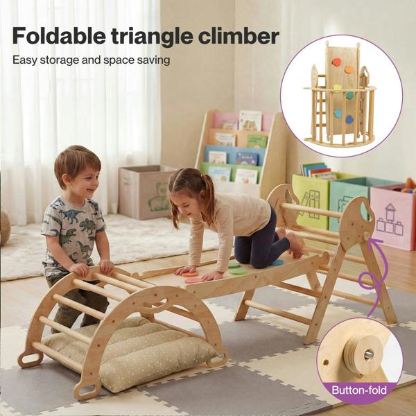 DEKKO 8 in 1 Triangle Climbing Set Kids Wooden Climber with Arch Slide Natural