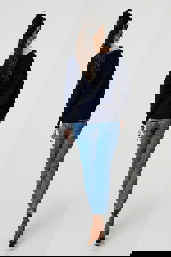 Navy | Stripe Texture Boat Neck Boxy Fit Jumper
