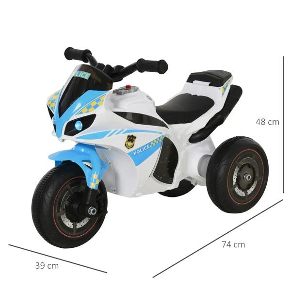 Blue and white 3-wheel police ride-on bike with black seat and handlebars