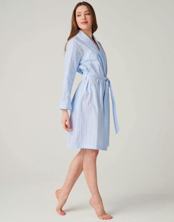British Boxers Women's Cotton Mid-Length Dressing Gown – Breezy Blue Satin Stripe