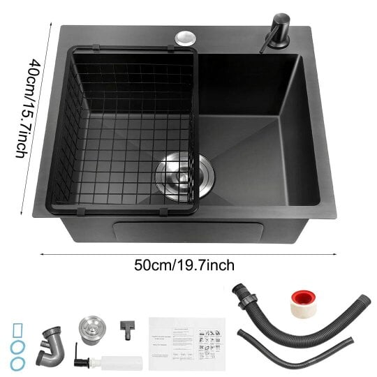 Havendro Black Kitchen Sink Undermount Drop-in Single Bowl Stainless Steel
