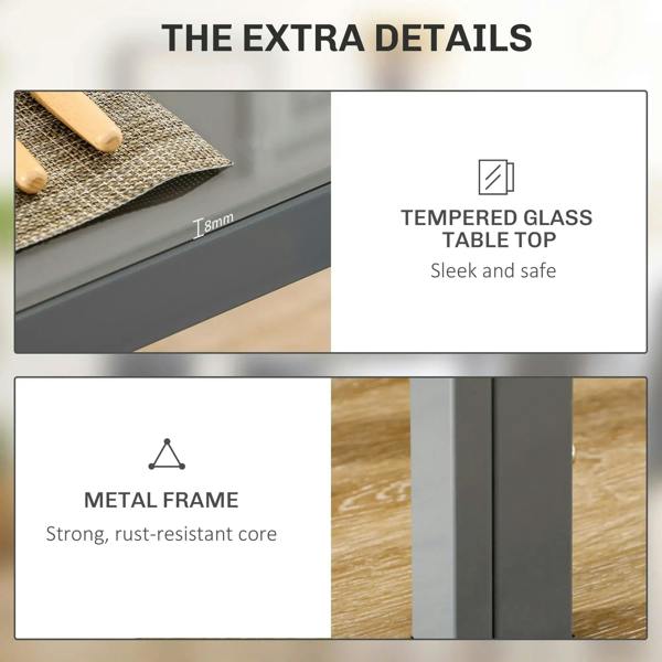 Tempered glass dining table top and rust-resistant metal frame, sleek grey design