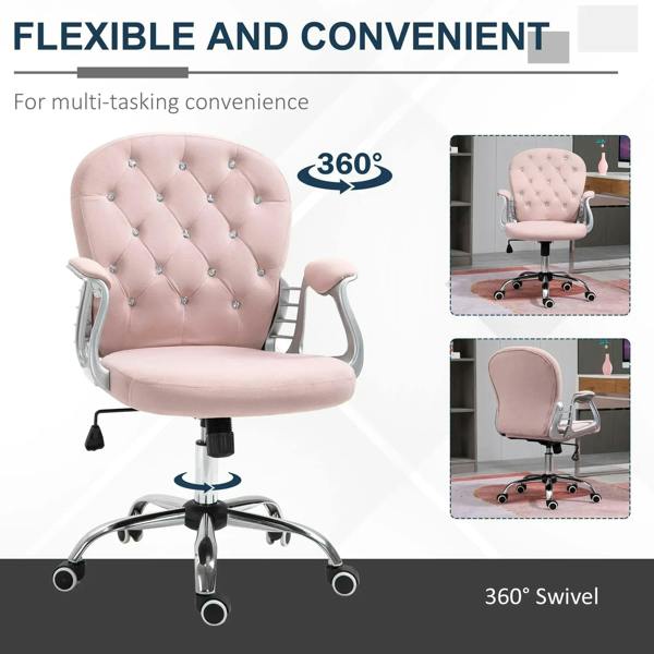 Pink velvet swivel desk chair with tufted back and rolling casters