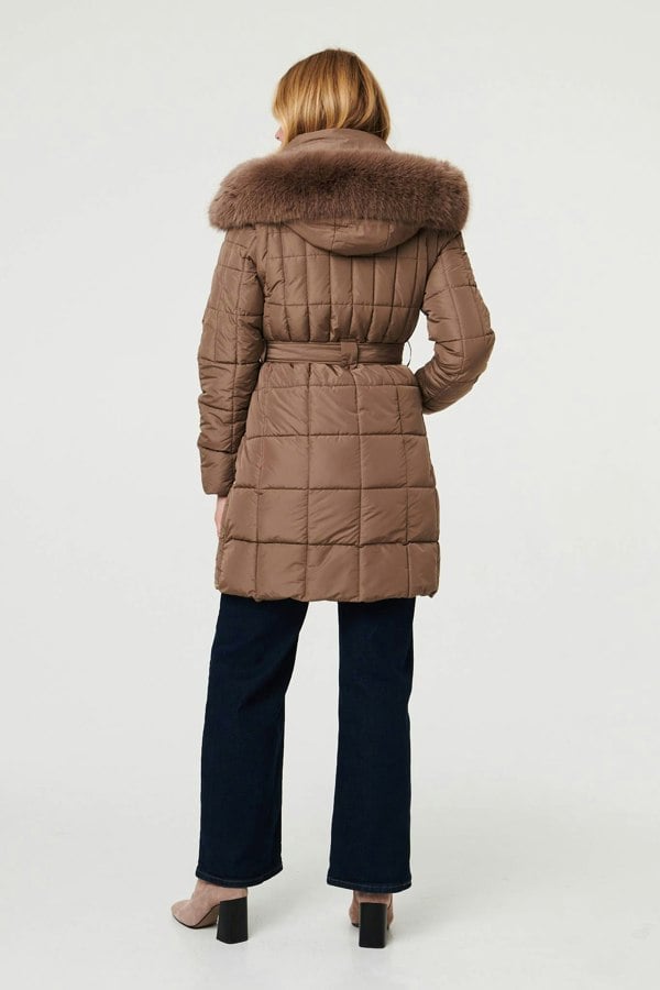 Khaki | Faux Fur Hood Textured Puffer Jacket
